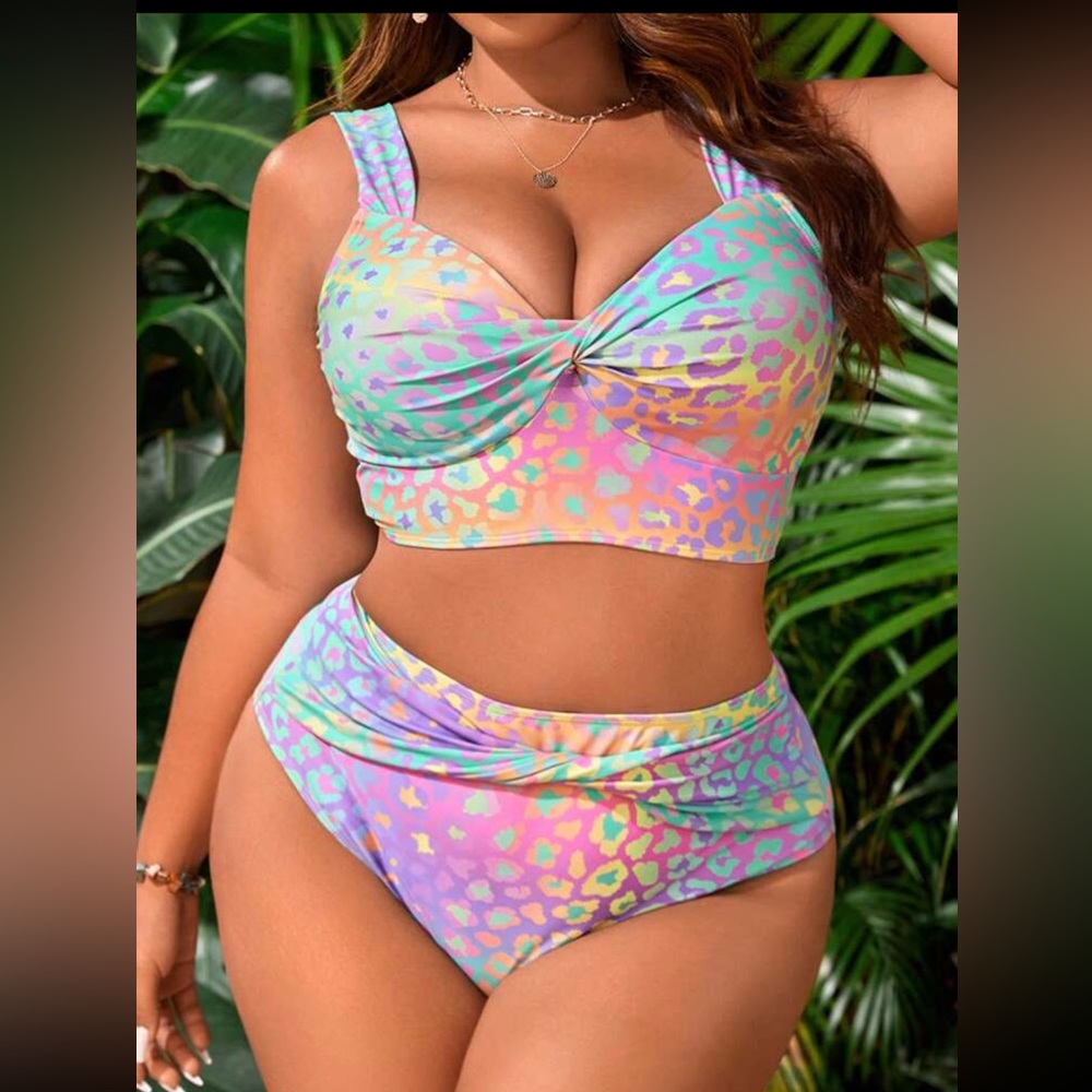 Plus size leopard print twist front bikini swimsuit long line, high rise bottom
